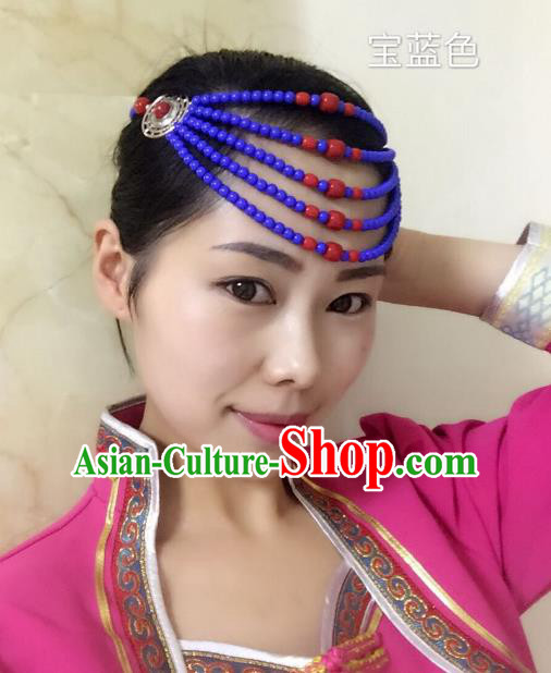 Traditional Handmade Chinese Mongol Nationality Handmade Royalblue Beads Hair Accessories, China Mongols Mongolian Minority Nationality Wedding Headwear for Women
