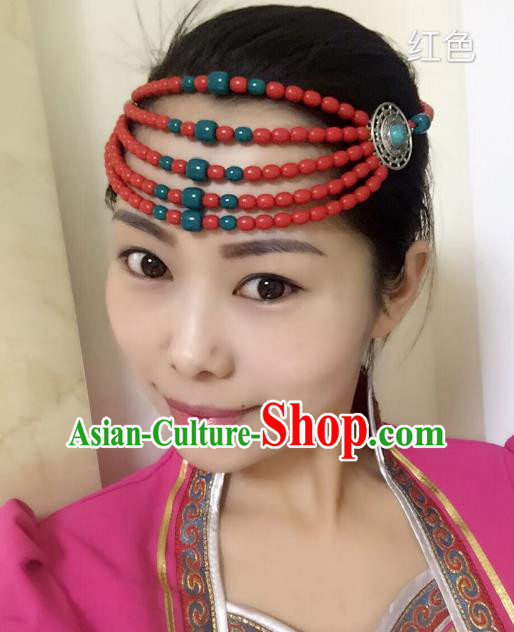 Traditional Handmade Chinese Mongol Nationality Handmade Red Beads Hair Accessories, China Mongols Mongolian Minority Nationality Wedding Headwear for Women