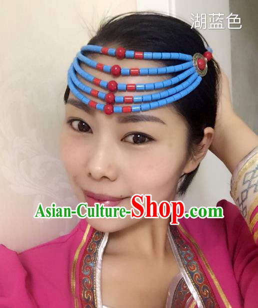 Traditional Handmade Chinese Mongol Nationality Handmade Blue Beads Hair Accessories, China Mongols Mongolian Minority Nationality Wedding Headwear for Women
