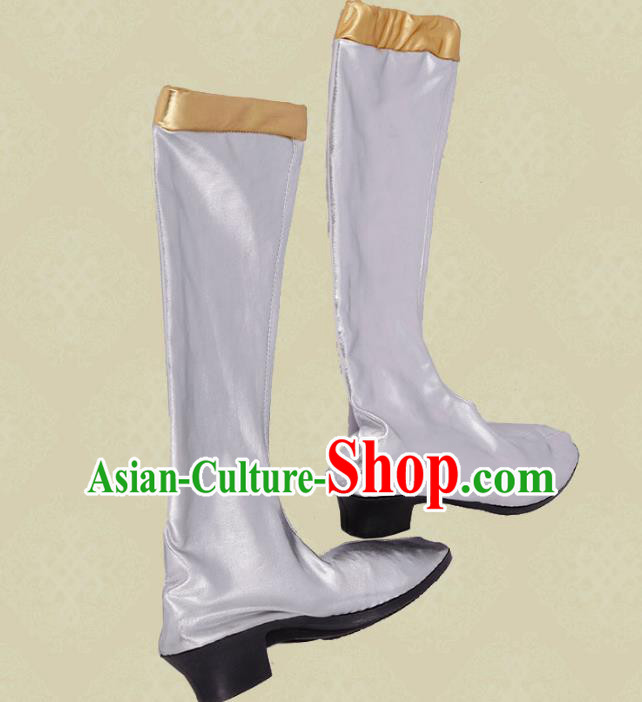 Traditional Chinese Minority Mongol Nationality Dance White Shoes, Ethnic Minorities Mongolian Boots for Women