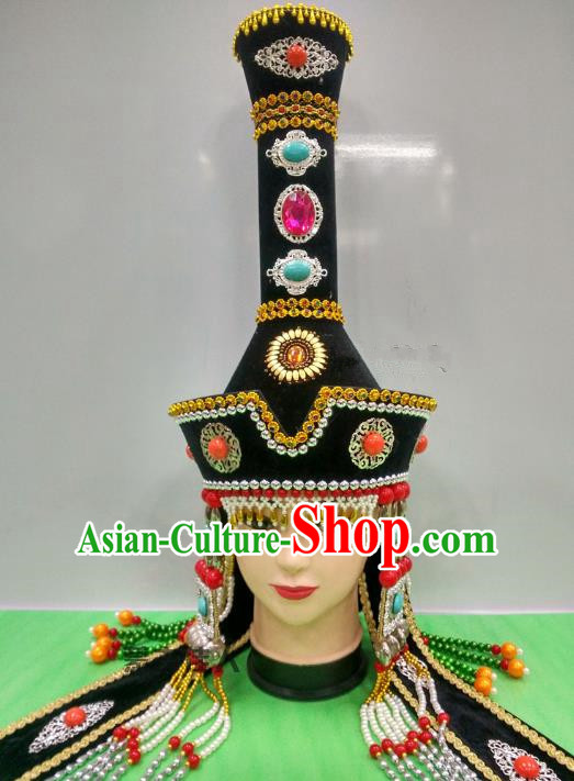 Traditional Handmade Chinese Mongol Nationality Handmade Bride Black Hat, China Mongols Mongolian Minority Nationality Wedding Headwear for Women