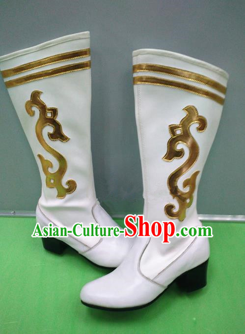 Traditional Chinese Minority Mongol Nationality Dance White Leather Shoes, Ethnic Minorities Mongolian Boots for Women