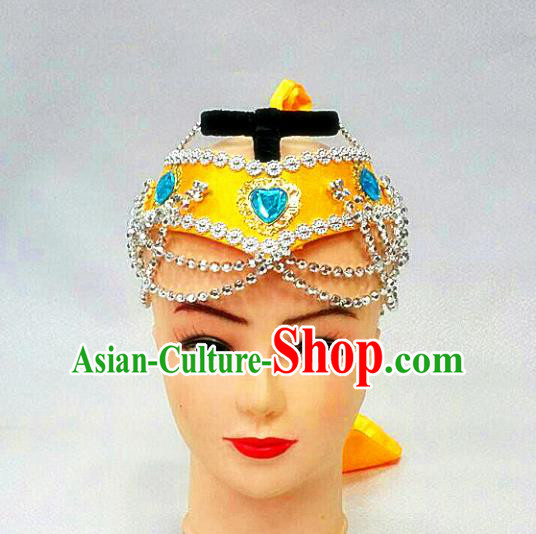 Traditional Handmade Chinese Mongol Nationality Handmade Yellow Hair Accessories, China Mongols Mongolian Minority Nationality Headband Headwear for Women