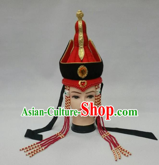 Traditional Handmade Chinese Mongol Nationality Handmade Queen Tassel Hat Hair Accessories, China Mongols Mongolian Minority Nationality Wedding Headwear for Women