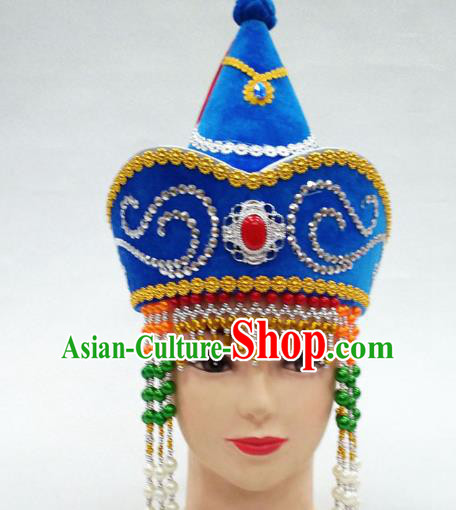 Traditional Handmade Chinese Mongol Nationality Handmade Princess Tassel Blue Hat Hair Accessories, China Mongols Mongolian Minority Nationality Wedding Headwear for Women