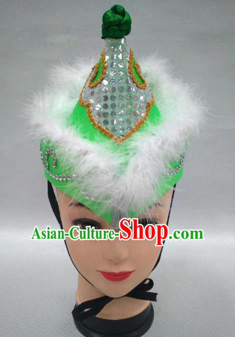 Traditional Handmade Chinese Mongol Nationality Handmade Princess Green Hat Hair Accessories, China Mongols Mongolian Minority Nationality Headwear for Women