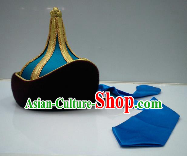 Traditional Handmade Chinese Mongol Nationality Handmade Prince Blue Hat Hair Accessories, China Mongols Mongolian Minority Nationality Bridegroom Headwear for Men