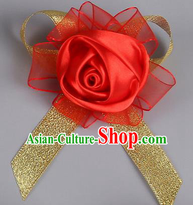 Top Grade Wedding Accessories Decoration Corsage, China Style Wedding Car Ornament Red Rose Flowers Bride Bridegroom Ribbon Brooch