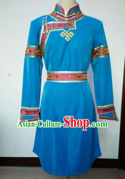 Traditional Chinese Mongol Nationality Dance Costume Handmade Blue Mongolian Robe, China Mongolian Minority Nationality Princess Dress Clothing for Women