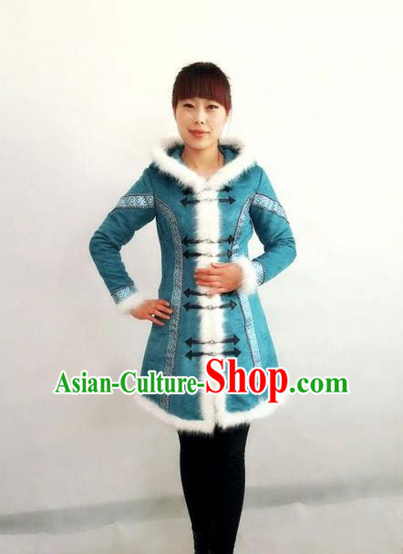 Traditional Chinese Mongol Nationality Dance Costume Handmade Blue Mongolian Robe, China Mongolian Minority Nationality Coat Clothing for Women