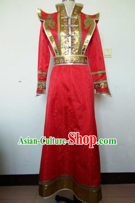 Traditional Chinese Mongol Nationality Dance Costume Handmade Red Wedding Mongolian Robe, China Mongolian Minority Nationality Bride Dress Clothing for Women