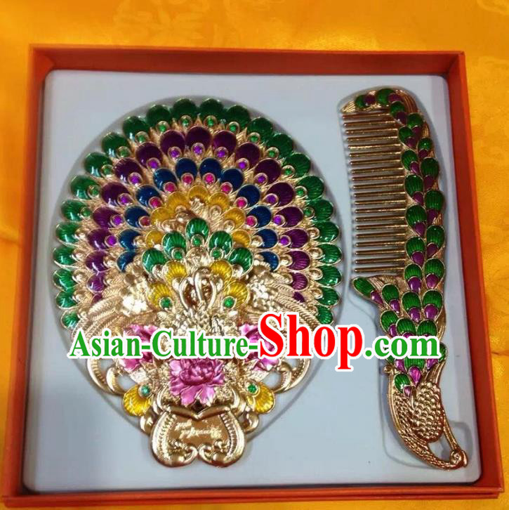 Traditional Handmade Chinese Mongol Nationality Crafts Comb and Green Peacock Pocket Mirror, China Mongolian Minority Nationality Cloisonne Mirror for Women