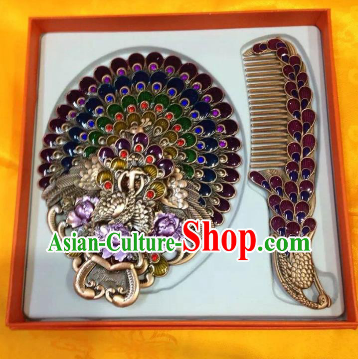 Traditional Handmade Chinese Mongol Nationality Crafts Purple Comb and Peacock Pocket Mirror, China Mongolian Minority Nationality Cloisonne Mirror for Women