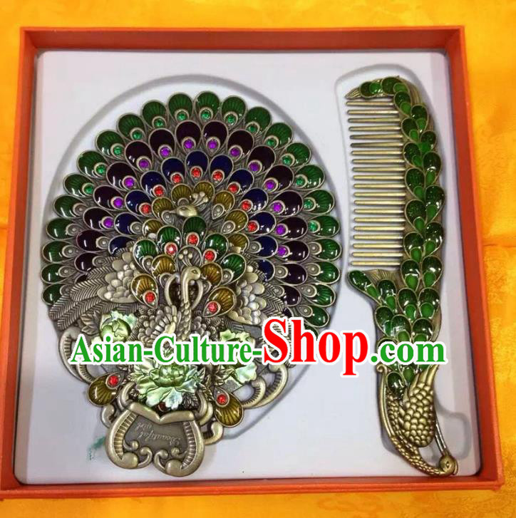 Traditional Handmade Chinese Mongol Nationality Crafts Green Hair Comb and Peacock Pocket Mirror, China Mongolian Minority Nationality Cloisonne Mirror for Women