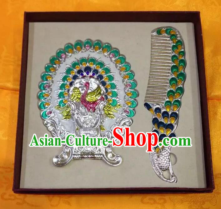 Traditional Handmade Chinese Mongol Nationality Crafts Light Green Hair Comb and Peacock Pocket Mirror, China Mongolian Minority Nationality Cloisonne Mirror for Women