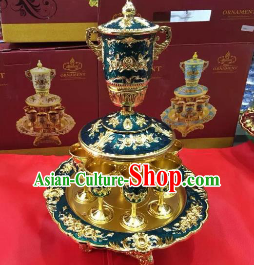 Traditional Handmade Chinese Mongol Nationality Crafts Green Wine Set, China Mongolian Minority Nationality Cloisonne Carving Flagon and Drinking Cup
