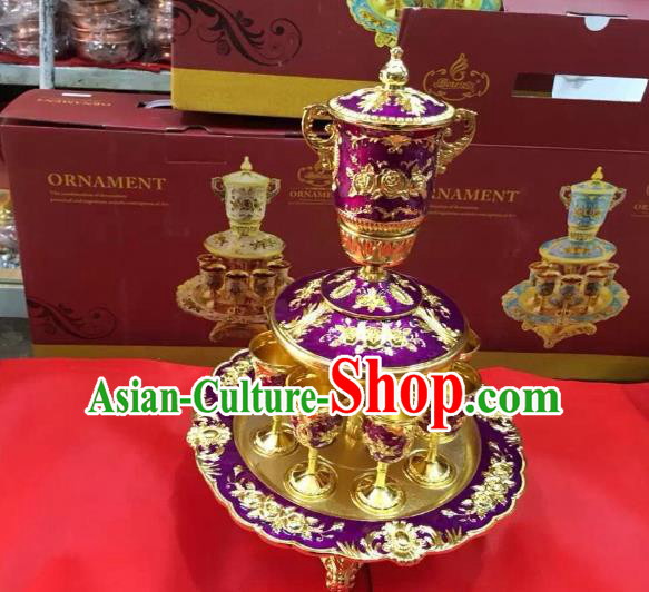 Traditional Handmade Chinese Mongol Nationality Crafts Purple Wine Set, China Mongolian Minority Nationality Cloisonne Carving Flagon and Drinking Cup