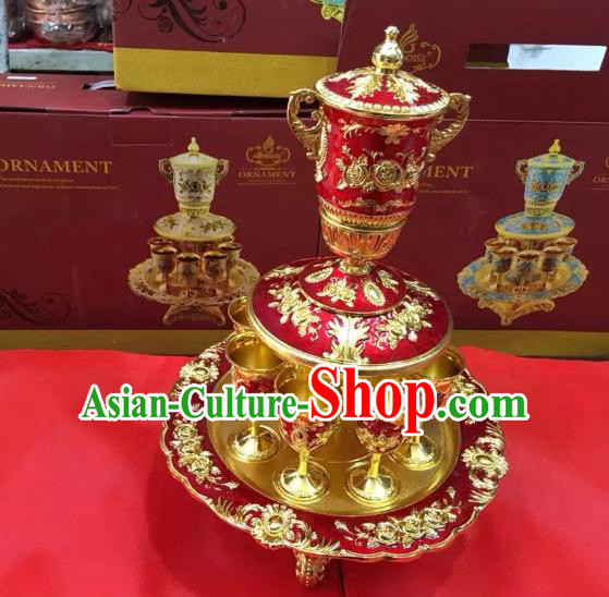 Traditional Handmade Chinese Mongol Nationality Crafts Red Wine Set, China Mongolian Minority Nationality Cloisonne Carving Flagon and Drinking Cup