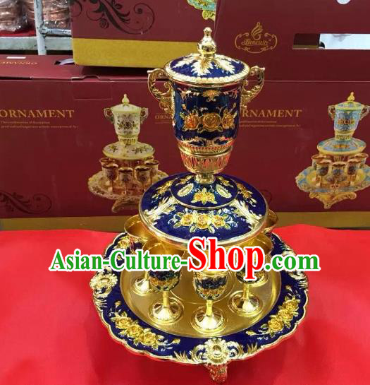 Traditional Handmade Chinese Mongol Nationality Crafts Blue Wine Set, China Mongolian Minority Nationality Cloisonne Carving Flagon and Drinking Cup