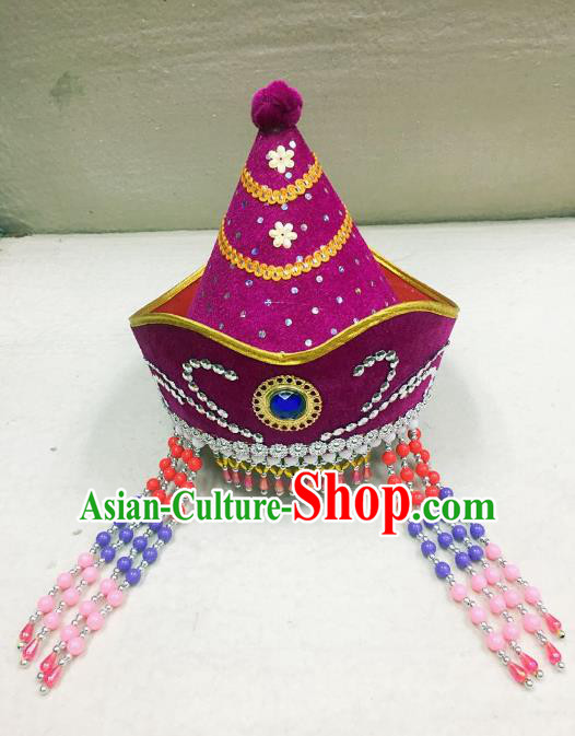 Traditional Handmade Chinese Mongol Nationality Dance Purple Headwear Princess Hat, China Mongols Mongolian Minority Nationality Bride Tassel Headpiece for Women