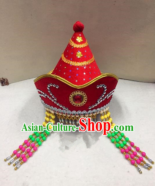 Traditional Handmade Chinese Mongol Nationality Dance Red Headwear Princess Hat, China Mongols Mongolian Minority Nationality Bride Tassel Headpiece for Women