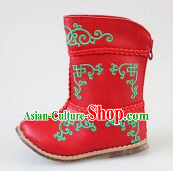 Traditional Chinese Minority Mongol Nationality Dance Shoes, Ethnic Minorities Mongolian Boots Red Embroidery Boots for Kids