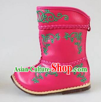 Traditional Chinese Minority Mongol Nationality Dance Shoes, Ethnic Minorities Mongolian Boots Pink Embroidery Boots for Kids