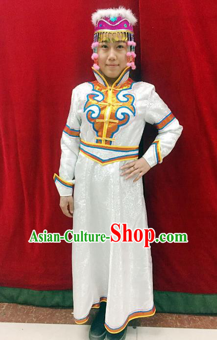 Traditional Chinese Mongol Nationality Dance Costume Handmade Wedding Bride Mongolian Robe, China Mongolian Minority Nationality White Dress Clothing for Women