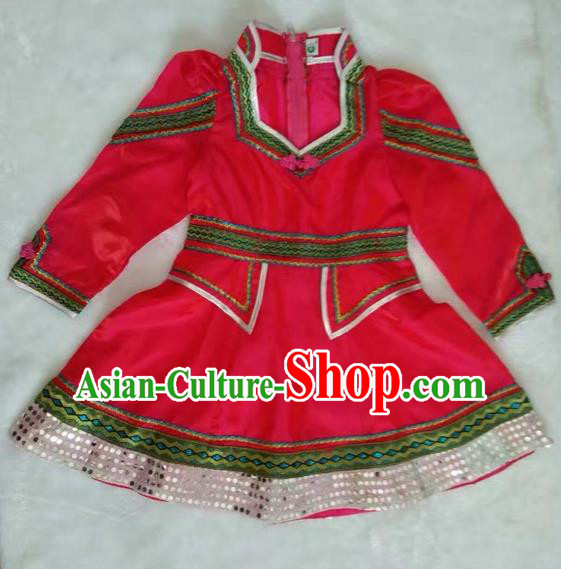 Traditional Chinese Mongol Nationality Dance Costume Handmade Mongolian Robe, China Mongolian Minority Nationality Red Dress for Kids