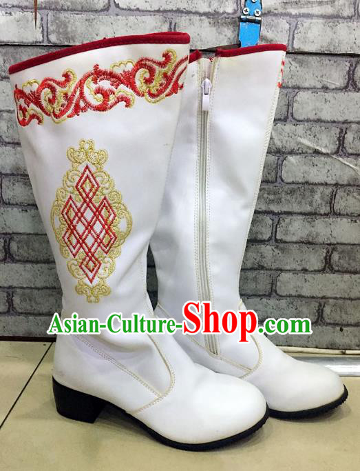 Traditional Chinese Minority Mongol Nationality Dance Shoes, Ethnic Minorities Mongolian Wedding Boots White Embroidery Boots for Women