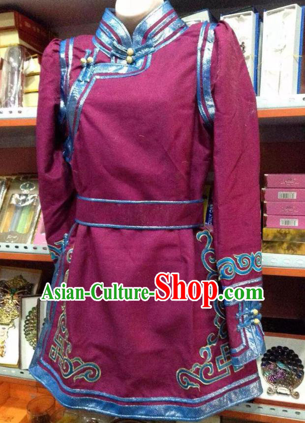 Traditional Chinese Mongol Nationality Dance Costume Handmade Embroidery Mongolian Robe, China Mongolian Minority Nationality Amaranth Dress for Women