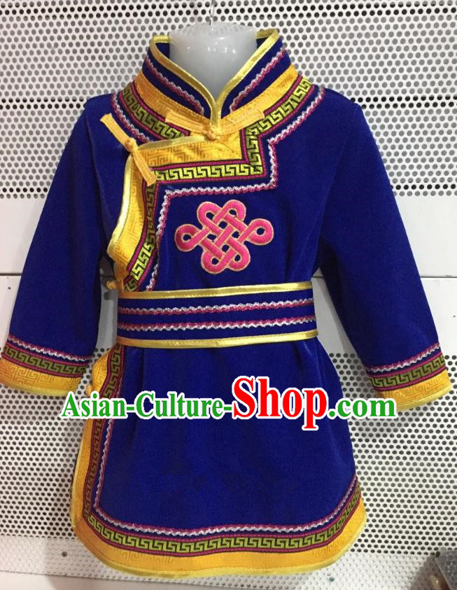 Traditional Chinese Mongol Nationality Dance Costume Handmade Embroidery Mongolian Robe, China Mongolian Minority Nationality Royalblue Dress for Kids