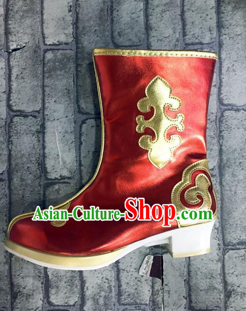 Traditional Chinese Minority Mongol Nationality Dance Red Shoes, Ethnic Minorities Mongolian Boots Embroidery Boots for Kids