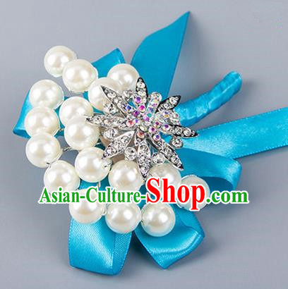 Top Grade Wedding Accessories Decoration Pearl Corsage, China Style Wedding Ornament Champagne Bride Bridegroom Blue Ribbon Crystal Brooch