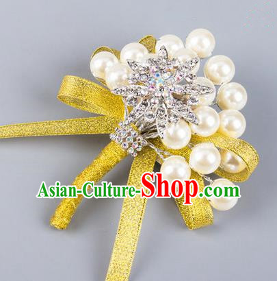 Top Grade Wedding Accessories Decoration Pearl Corsage, China Style Wedding Ornament Champagne Bride Bridegroom Yellow Ribbon Crystal Brooch