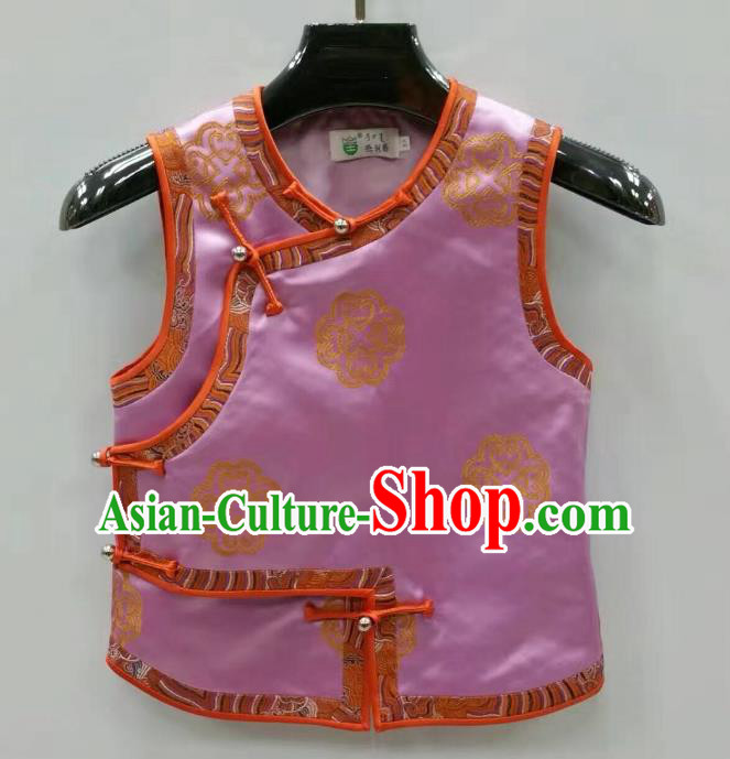 Traditional Chinese Mongol Nationality Dance Costume Handmade Mongolian Vest, China Mongolian Minority Nationality Pink Waistcoat for Kids