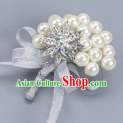 Top Grade Wedding Accessories Decoration Pearl Corsage, China Style Wedding Ornament Champagne Bride Bridegroom Grey Ribbon Crystal Brooch