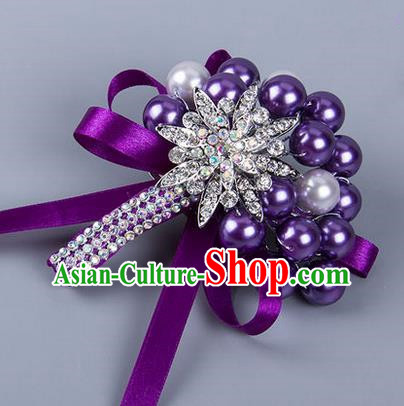 Top Grade Wedding Accessories Decoration Pearl Corsage, China Style Wedding Ornament Champagne Bride Bridegroom Purple Ribbon Crystal Brooch