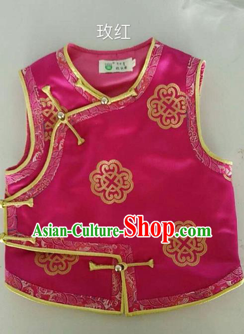 Traditional Chinese Mongol Nationality Dance Costume Handmade Mongolian Vest, China Mongolian Minority Nationality Rosy Waistcoat for Kids