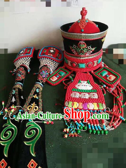 Traditional Handmade Chinese Mongol Nationality Handmade Princess Hat, China Mongols Mongolian Minority Nationality Wedding Bride Headwear Headpiece for Women