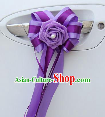 Top Grade Wedding Accessories Decoration, China Style Wedding Car Bowknot Purple Flowers Bride Purple Long Ribbon Garlands Ornaments