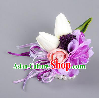 Top Grade Classical Wedding Silk Purple Flowers, Bride Emulational Wrist Flowers Bridesmaid Bracelet Flowers for Women