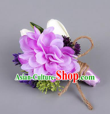 Top Grade Classical Wedding Silk Flowers,Groom Emulational Corsage Groomsman Purple Brooch Flowers for Men