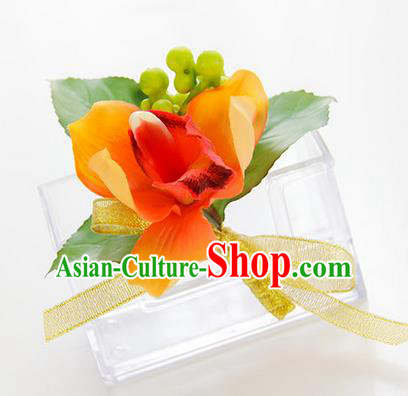 Top Grade Classical Wedding Orange Silk Flowers,Groom Emulational Corsage Groomsman Brooch Flowers for Men