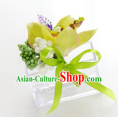 Top Grade Classical Wedding Green Silk Whelan Flowers,Groom Emulational Corsage Groomsman Brooch Flowers for Men