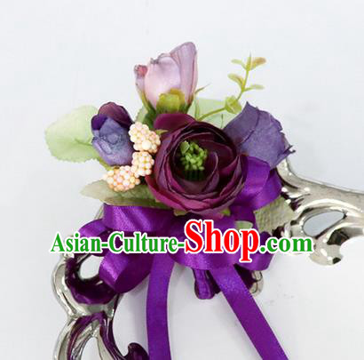 Top Grade Classical Wedding Silk Flowers,Groom Emulational Corsage Groomsman Purple Brooch Flowers for Men