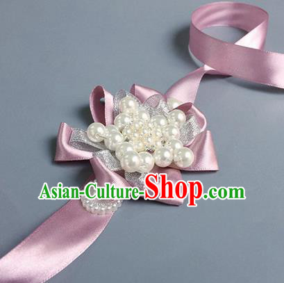 Top Grade Classical Wedding Pearl Pink Ribbon Bangle, Bride Emulational Wrist Flowers Bridesmaid Bracelet Flowers for Women