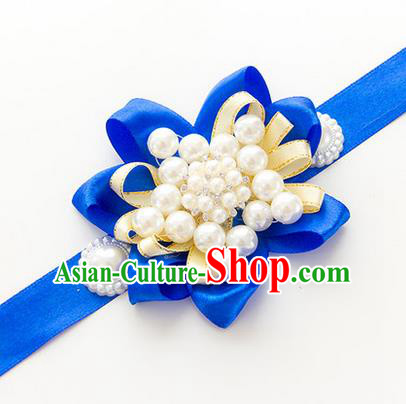 Top Grade Classical Wedding Pearl Blue Ribbon Bangle, Bride Emulational Wrist Flowers Bridesmaid Bracelet Flowers for Women