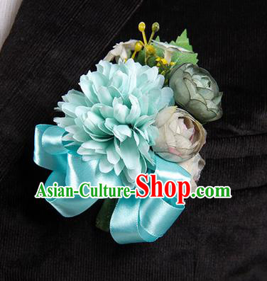 Top Grade Classical Wedding Blue Ribbon Silk Flowers,Groom Emulational Corsage Groomsman Brooch Flowers for Men