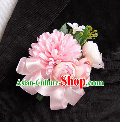 Top Grade Classical Wedding Pink Ribbon Silk Flowers,Groom Emulational Corsage Groomsman Brooch Flowers for Men